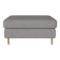 Gray upholstered ottoman with a textured pattern and natural wood legs. Perfect for modern decor.