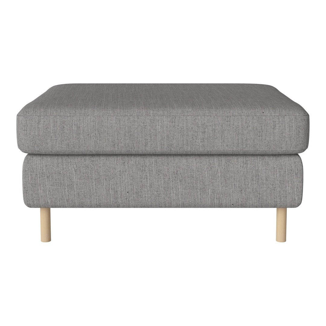 Gray upholstered ottoman with a textured finish and light wood legs, perfect for modern living spaces.