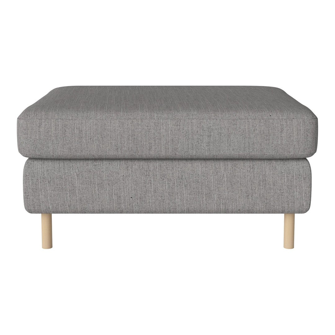 Gray upholstered ottoman with a soft, textured pattern and natural wood legs. Ideal for modern living spaces.