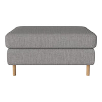 Gray upholstered ottoman with textured fabric and wooden legs, featuring a minimalist design.