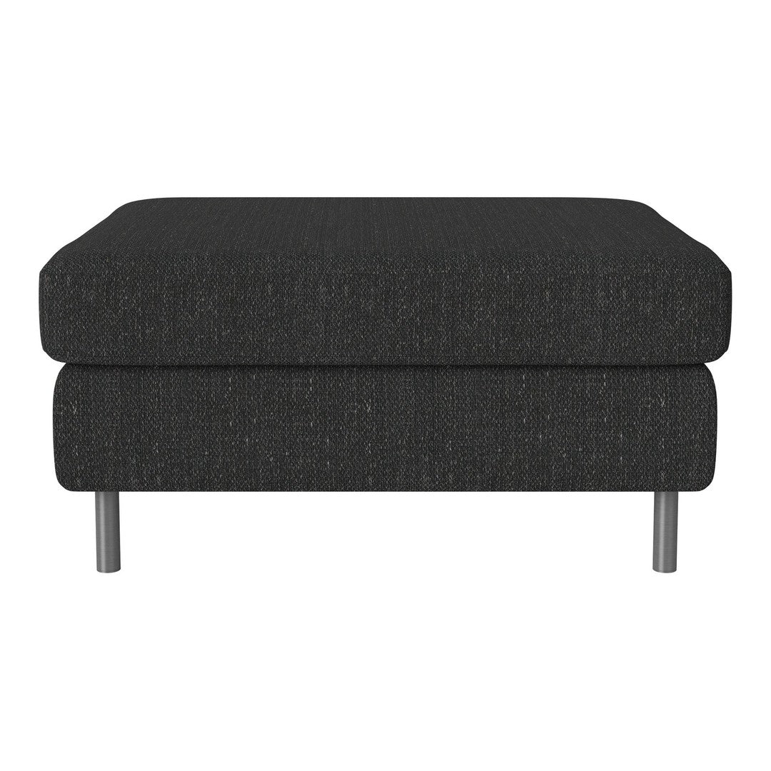 Black textured ottoman with a modern design and sleek silver legs, perfect for contemporary interiors.