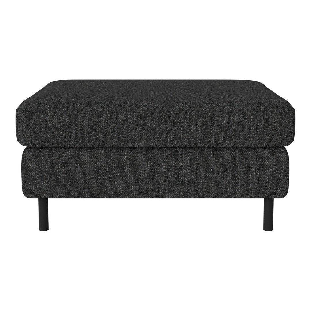 Black textured ottoman with a minimalist design and dark metal legs. Ideal for modern interiors.