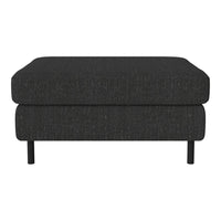 Black textured ottoman with a minimalist design and dark metal legs. Ideal for modern interiors.
