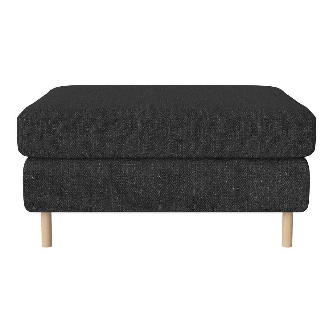 Dark gray upholstered ottoman with a textured pattern and light wooden legs. Perfect for modern living spaces.
