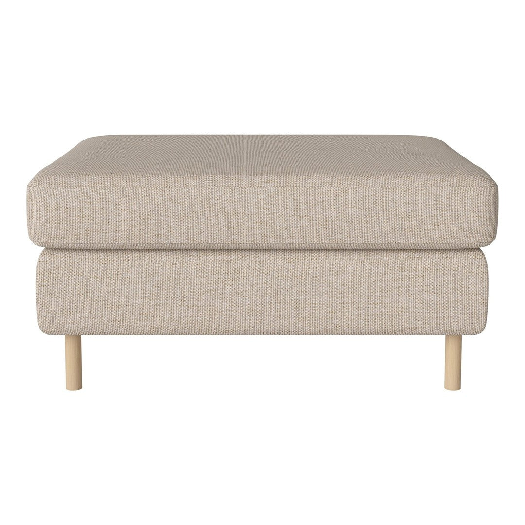 Beige upholstered ottoman with a smooth texture and light wooden legs, perfect for modern interiors.