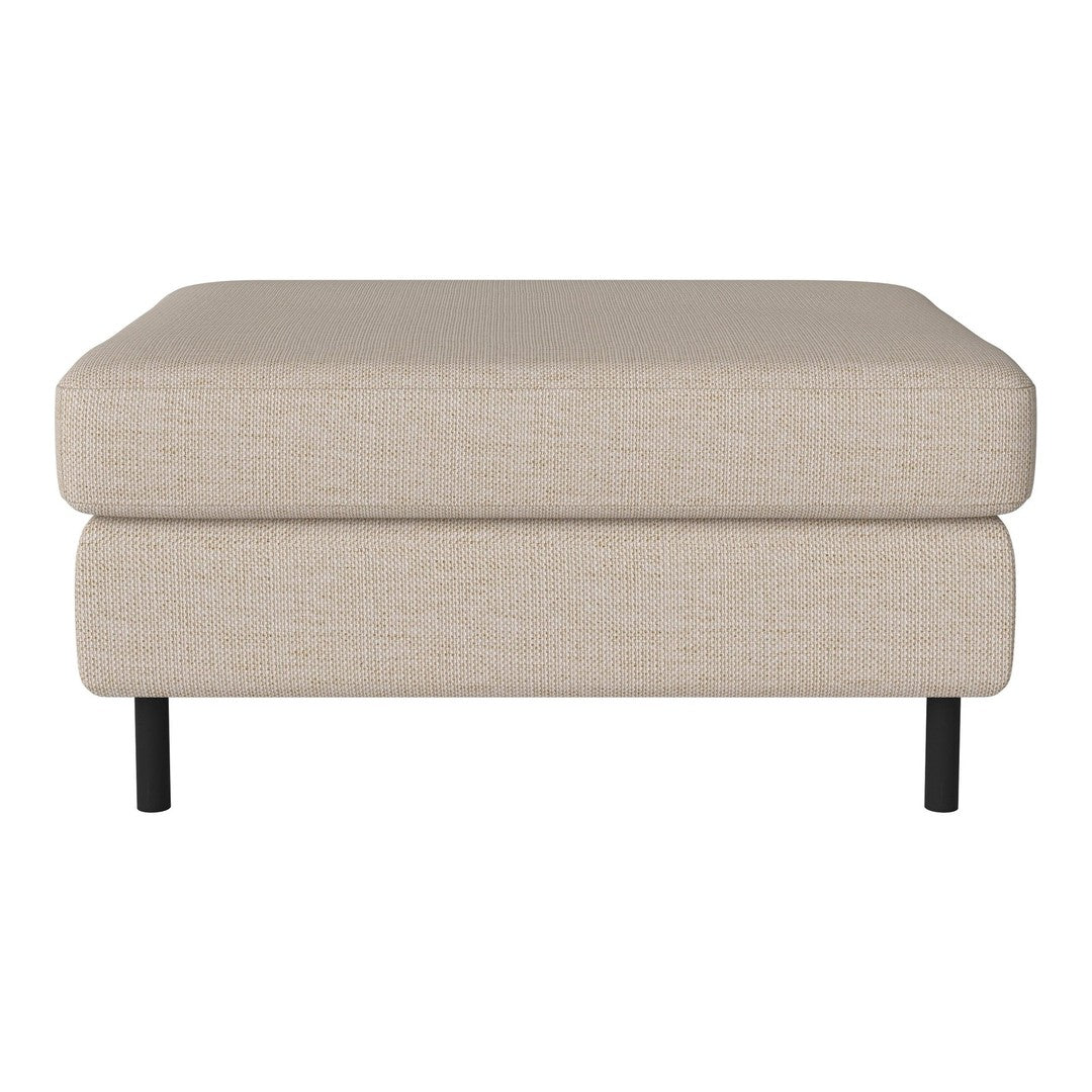 Beige upholstered ottoman with a minimalist design and black metal legs. Ideal for modern and neutral interiors.