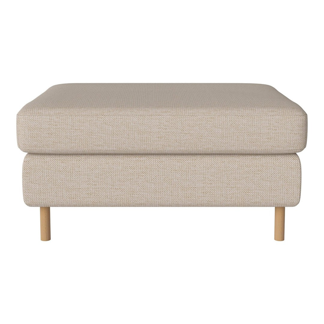 Neutral beige upholstered ottoman with a smooth texture and natural wood legs, perfect for modern decor.
