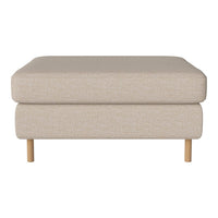 Beige upholstered ottoman with a smooth texture and wooden legs, offering a minimalist and modern design.