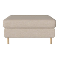 Neutral beige ottoman with a smooth texture and wooden legs, perfect for modern or minimalist decor.