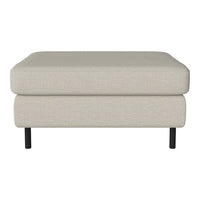 Beige upholstered ottoman with a smooth texture and sleek black legs. Ideal for modern, minimalist decor.