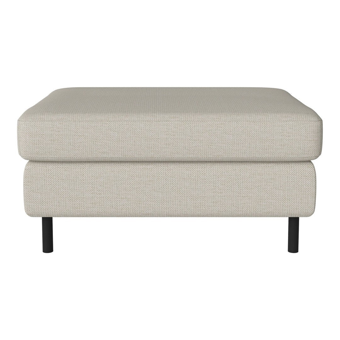 Light beige upholstered ottoman with a simple texture, complemented by black metal legs. Stylish and versatile design.