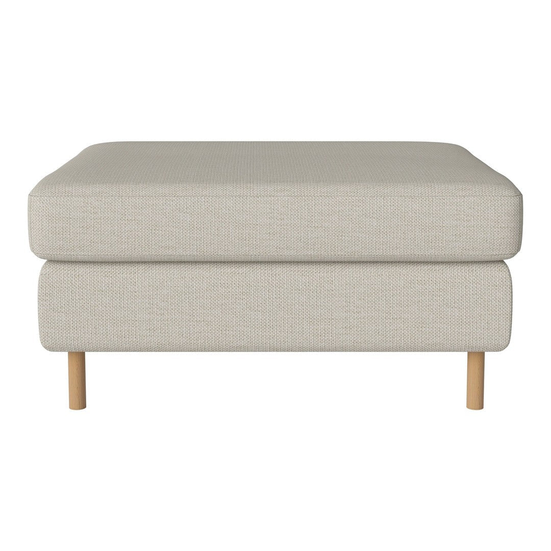 Light gray upholstered ottoman with a simple, solid pattern and natural wooden legs. Ideal for modern decor.
