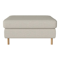 Light gray upholstered ottoman with a simple, solid pattern and natural wooden legs. Ideal for modern decor.