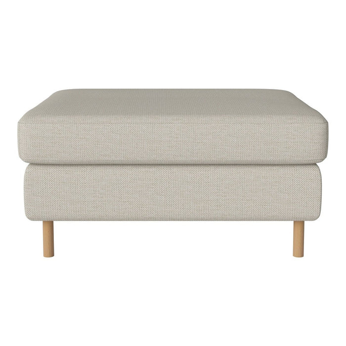 Light gray upholstered ottoman with a simple, solid pattern and natural wooden legs. Ideal for modern decor.