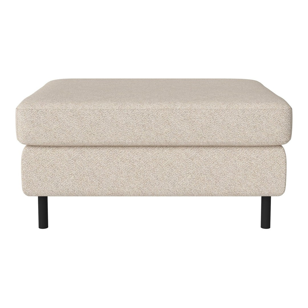 Beige textured ottoman with a clean, minimalist design and black legs. Ideal for modern decor.
