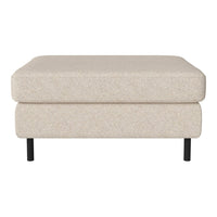 Beige textured ottoman with a clean, minimalist design and black legs. Ideal for modern decor.