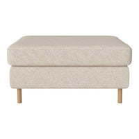 Beige upholstered ottoman with a textured pattern and natural wood legs. Ideal for modern living spaces.