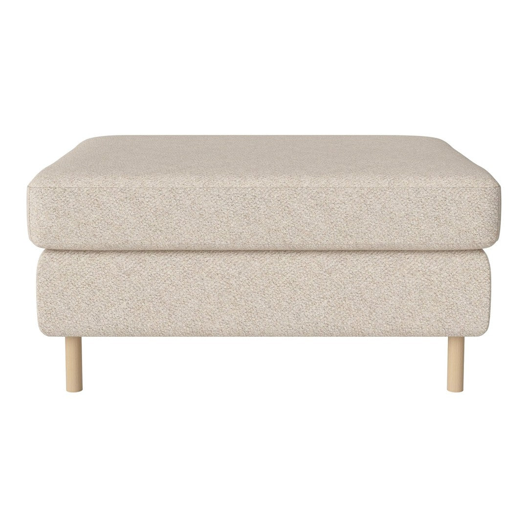 Beige upholstered ottoman with a smooth texture and minimalist design, featuring natural wood legs.