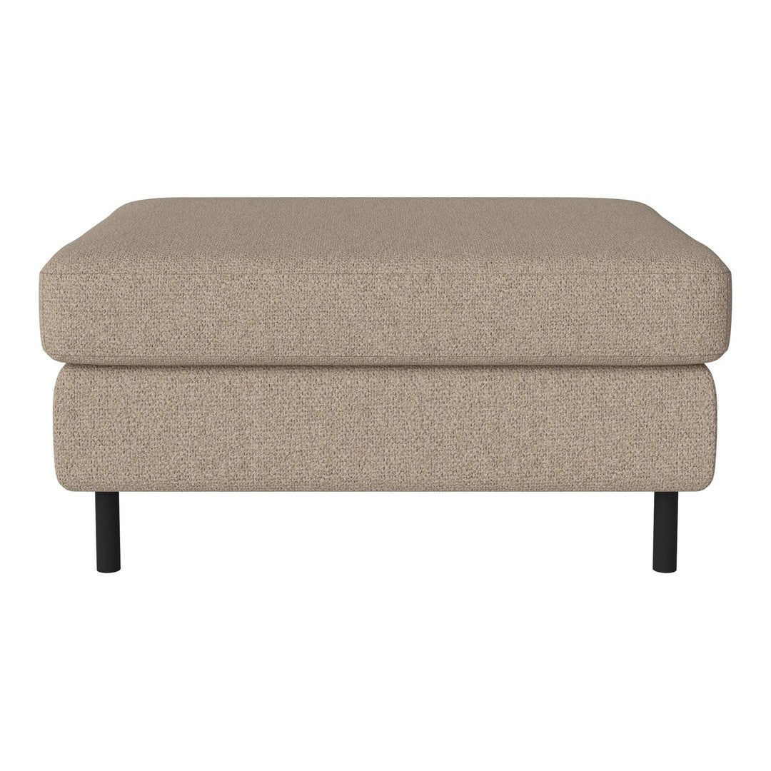 Beige upholstered ottoman with a smooth, textured fabric and black legs. Simple, modern design for versatile decor.