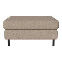 Beige upholstered ottoman with a smooth, textured fabric and black legs. Simple, modern design for versatile decor.
