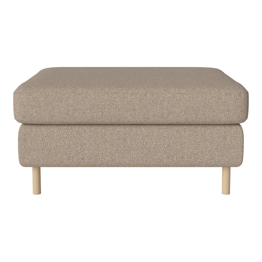 Beige upholstered ottoman with a smooth fabric surface and natural wood legs, perfect for any modern living space.