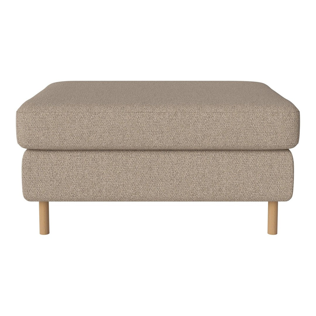 Beige upholstered ottoman with a textured finish and natural wood legs, adding a modern touch to any space.