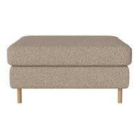 Beige upholstered ottoman with a textured finish and natural wood legs, adding a modern touch to any space.