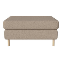 Beige upholstered ottoman with a smooth texture and natural wooden legs, perfect for modern spaces.