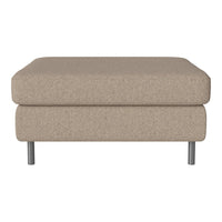 Beige upholstered ottoman with a smooth texture and minimalist design, featuring silver legs for a modern touch.