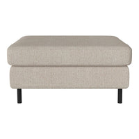Light beige upholstered ottoman with a textured fabric and sleek black legs. Perfect for modern decor.