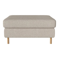 Light beige upholstered ottoman with a smooth texture and natural wood legs, perfect for modern decor.