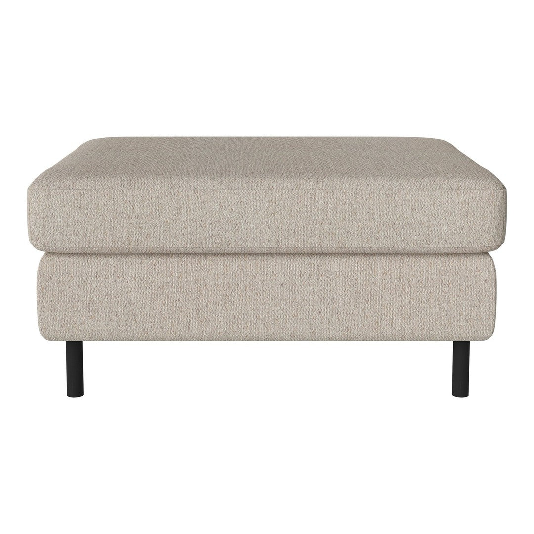 Light beige ottoman with a textured fabric and minimalistic design, featuring sleek black legs. 