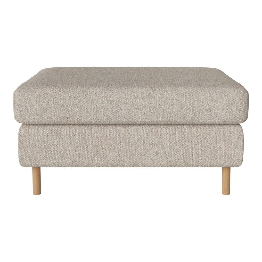 Light beige upholstered ottoman with a smooth, textured surface and natural wood legs. Perfect for modern decor.