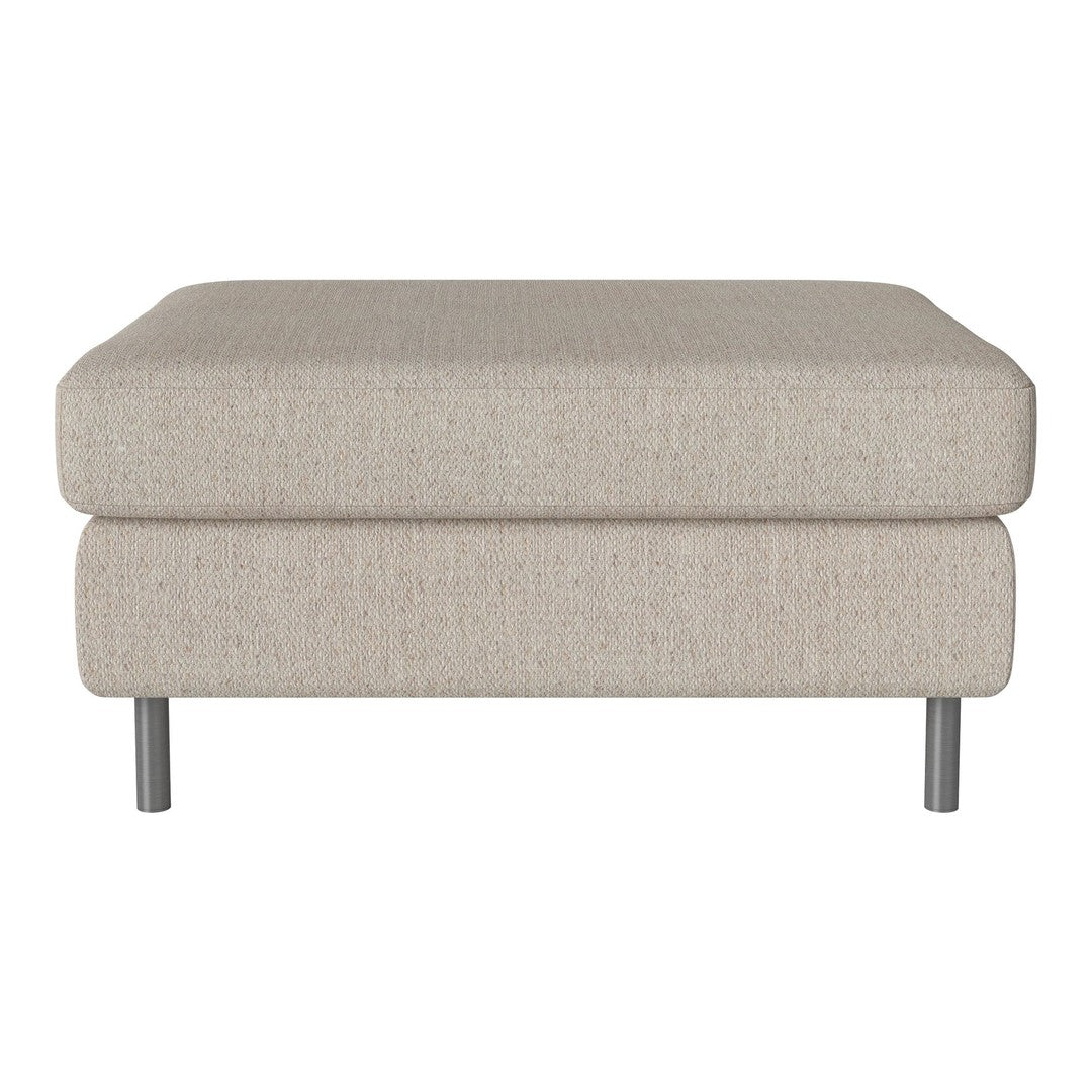 Light beige upholstered ottoman with a textured pattern and sleek metal legs, ideal for modern interiors.