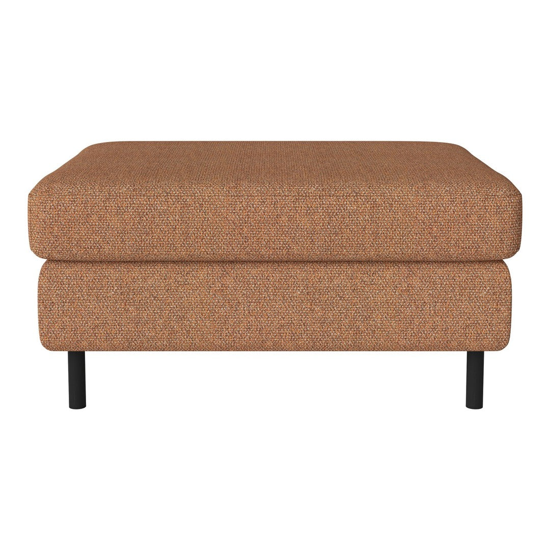 Brown textured ottoman with a modern design and sleek black legs, perfect for contemporary interiors.