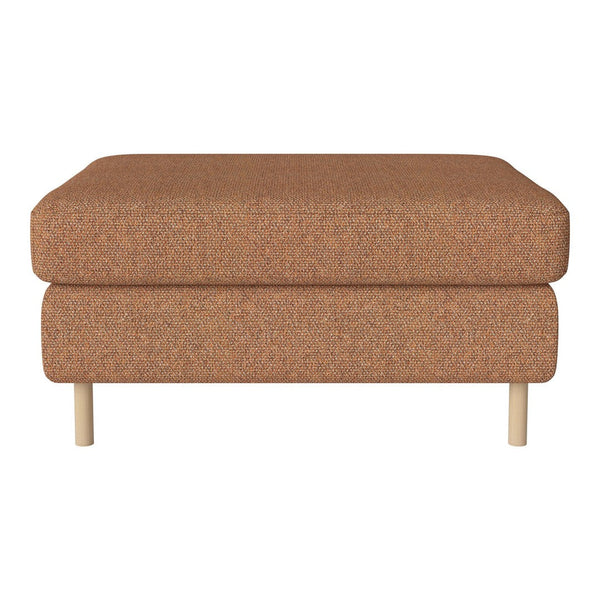 Brown textured ottoman with a modern design and wooden legs, perfect for stylish home decor.
