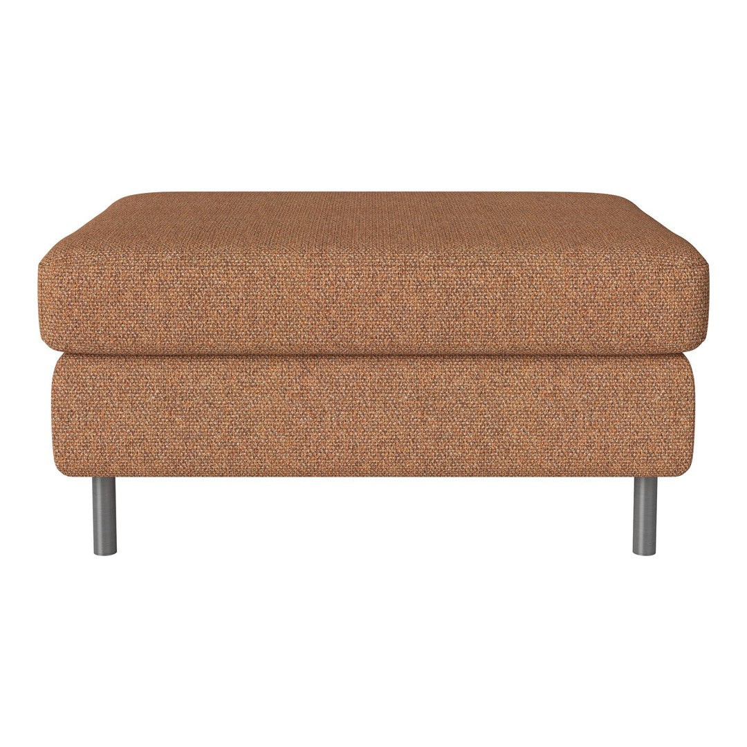 Brown upholstered ottoman with a textured pattern and sleek metal legs, perfect for modern interiors.