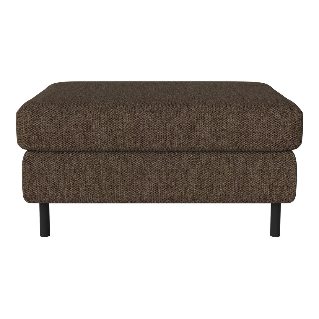 Brown textured ottoman with a minimalist design and black tapered legs. Ideal for modern living spaces.