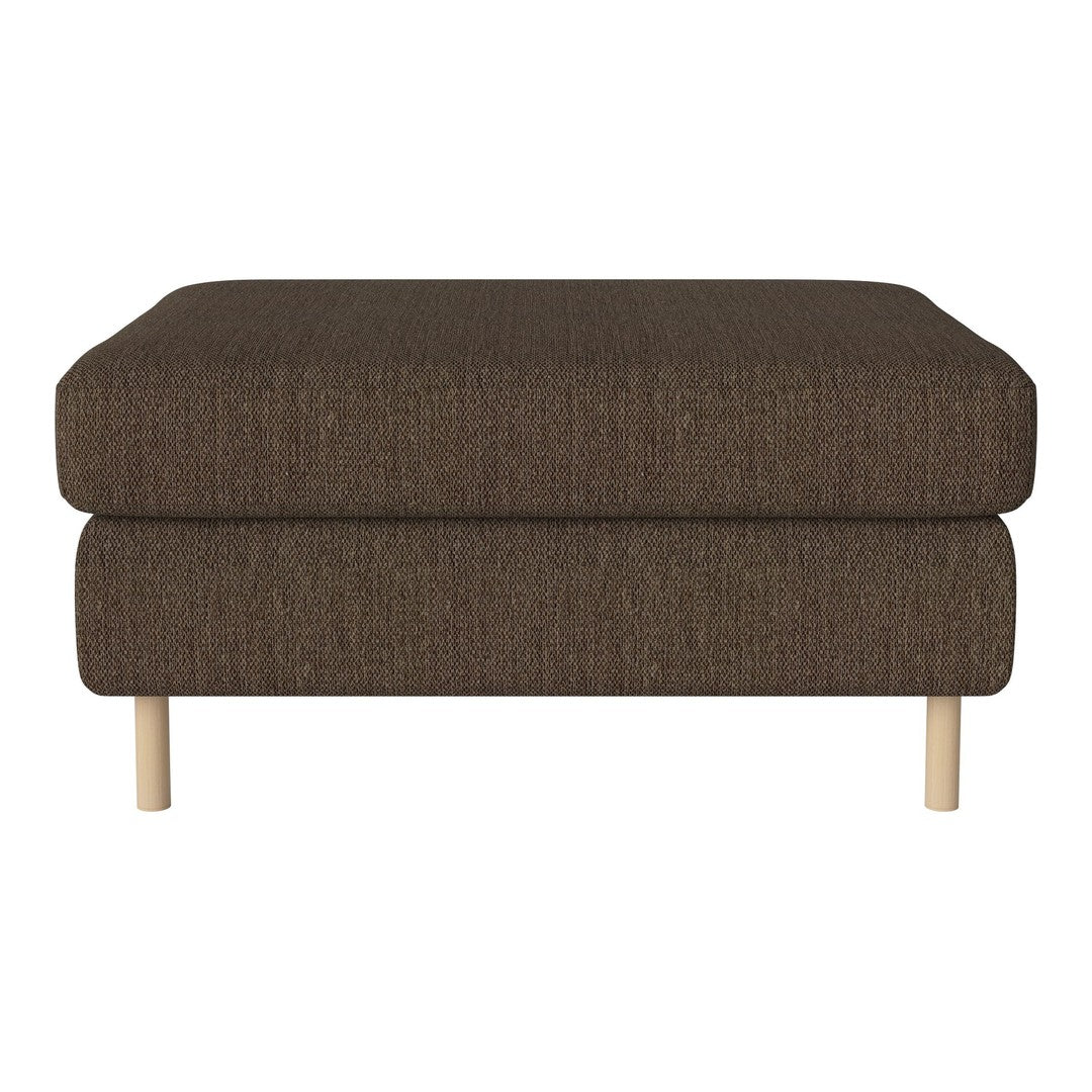 Brown upholstered ottoman with a textured finish and light wooden legs, perfect for stylish living spaces.