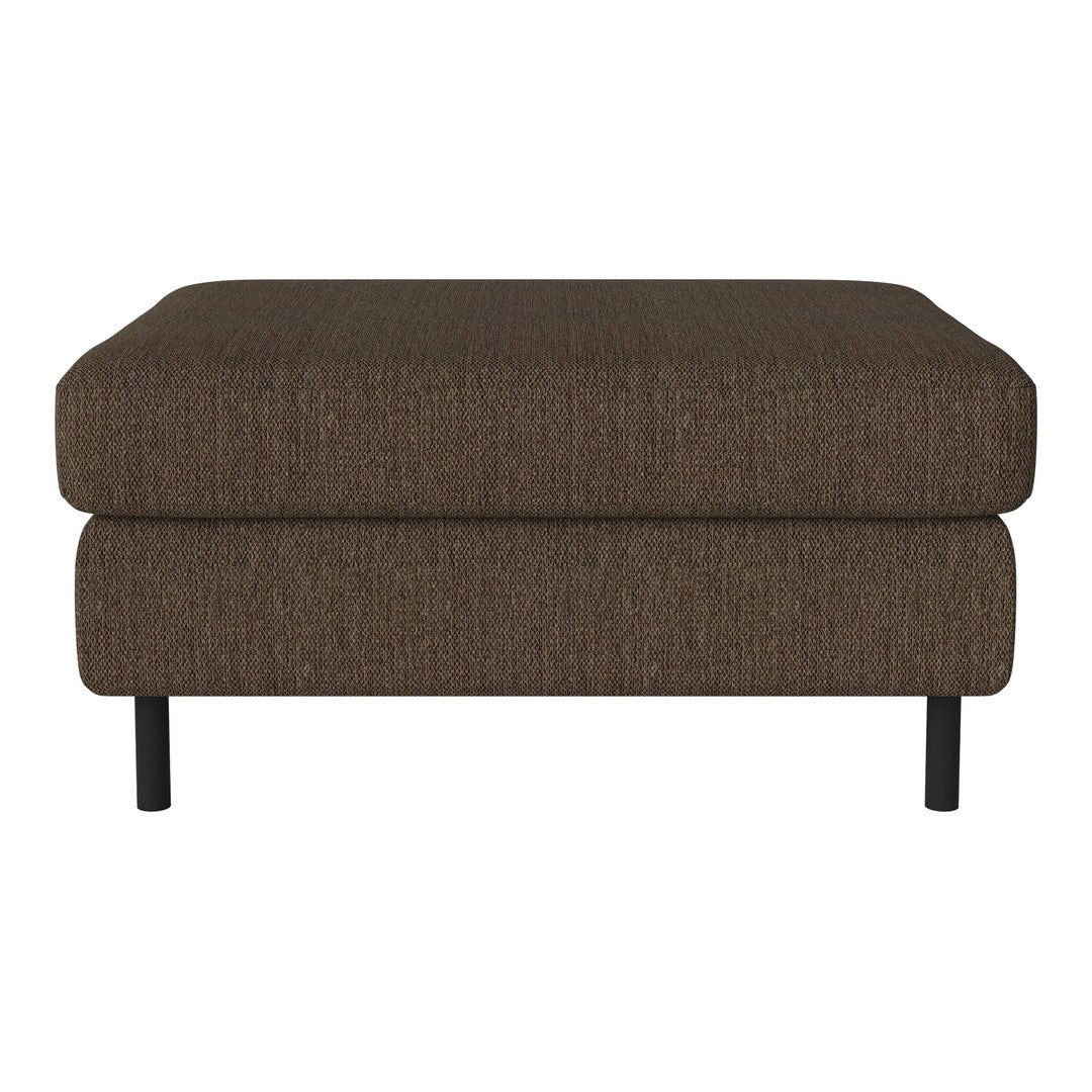 Brown upholstered ottoman with a textured pattern and minimalistic black legs. Perfect for modern living spaces.