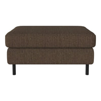 Brown upholstered ottoman with a textured pattern and minimalistic black legs. Perfect for modern living spaces.
