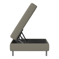 "Light gray upholstered storage ottoman with lift-top design and sleek metal legs."