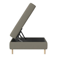 Light gray upholstered storage ottoman with modern design and wooden legs, featuring a clean, minimalist pattern.