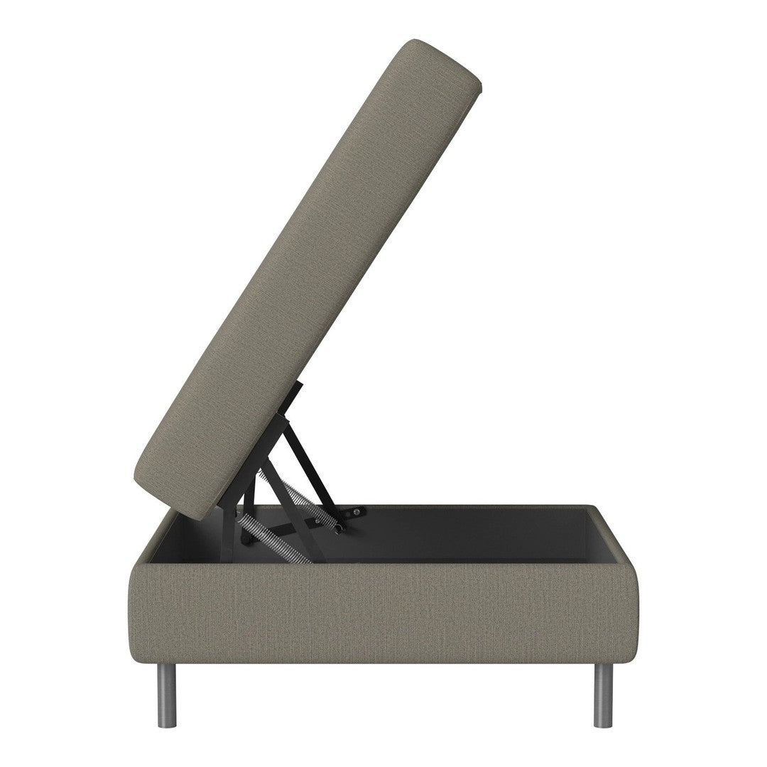 Grey upholstered storage ottoman with a simple, modern design and a sleek open lid. Ideal for minimalistic decor.