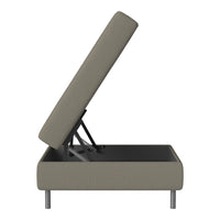 Grey upholstered storage ottoman with a simple, modern design and a sleek open lid. Ideal for minimalistic decor.