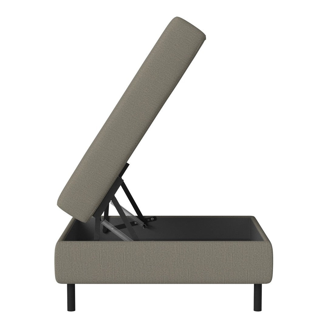 Gray upholstered storage ottoman with sleek black legs and a modern, minimalist design, featuring a subtle textured pattern.