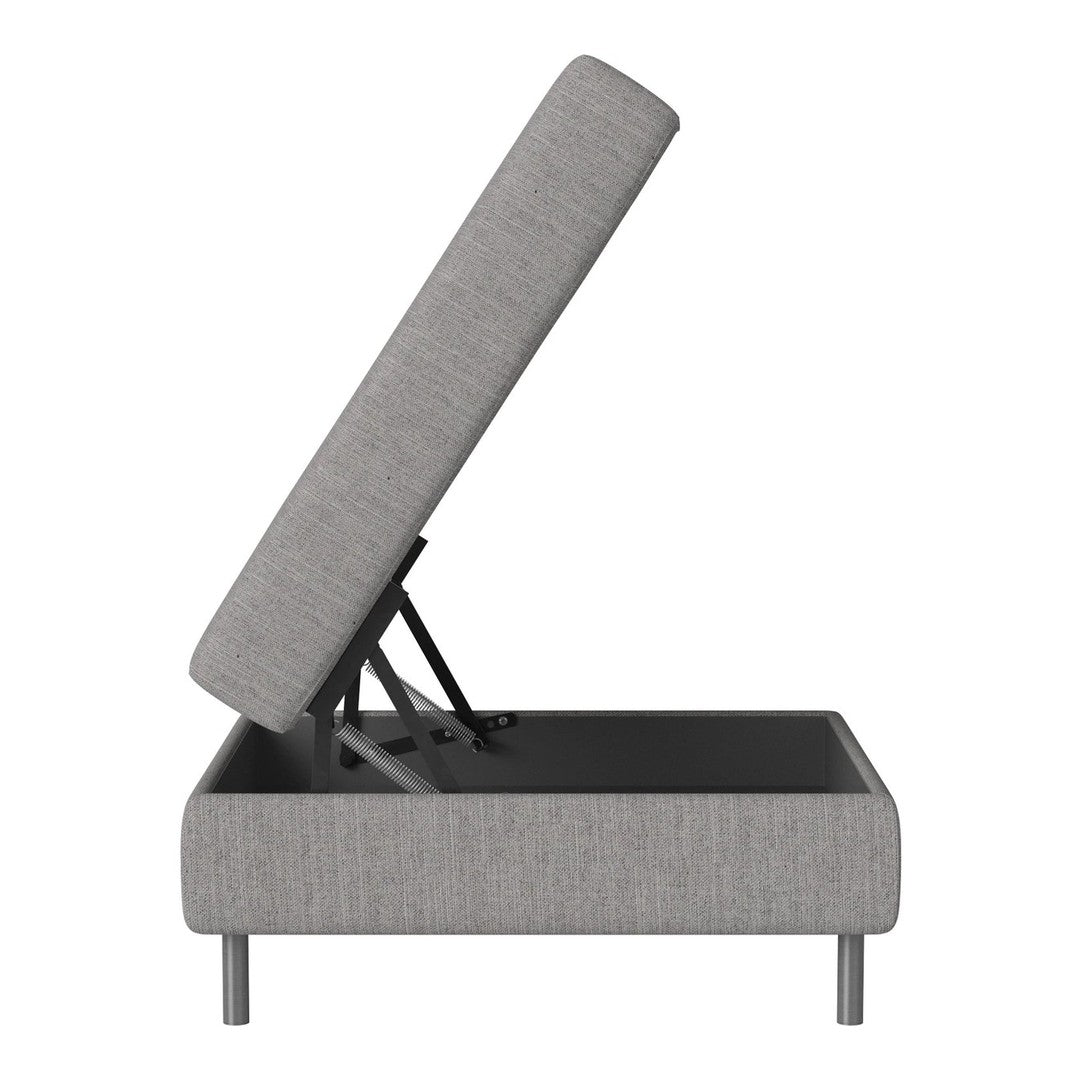 Gray storage ottoman with a textured fabric and sleek metal legs, featuring a modern and minimalist design.