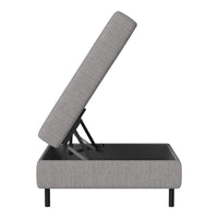 Gray upholstered storage bed with a sleek black frame and minimalist design, featuring a modern fabric pattern.