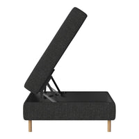 Black textured upholstery with natural wood legs, featuring a modern minimalist design and functional lift-top.