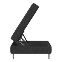 Black upholstered storage ottoman with a textured pattern and sleek metal legs, showcasing a modern design.
